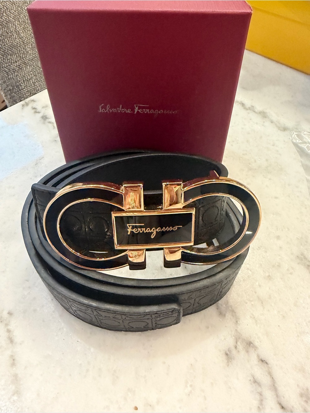 Salvatore Ferragamo Black Leather Belt with Gold Double Gancini Buckle